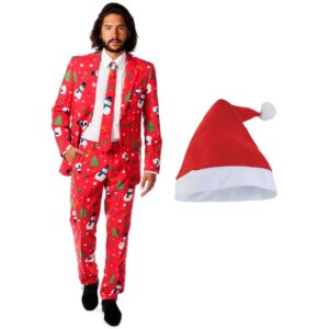 Heren Opposuits Kerst kostuum rood met kerstmuts - maat 48 (M)
