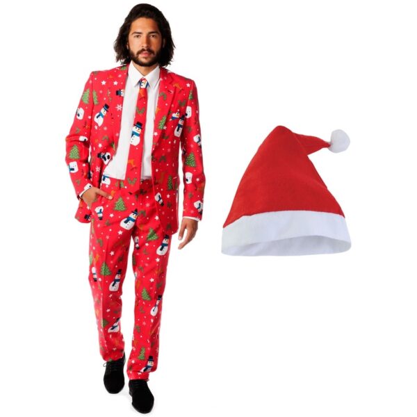 Heren Opposuits Kerst kostuum rood met kerstmuts - maat 48 (M)