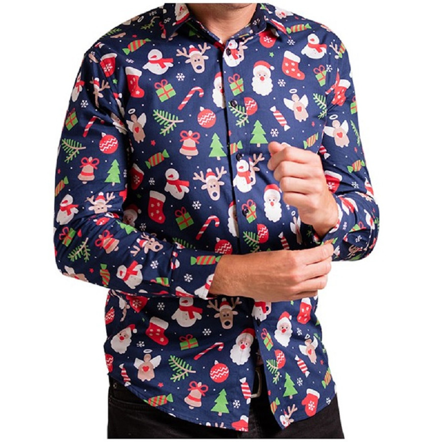 Kaarsen Perth Blackborough factor Heren kerst overhemd/blouse met kerstprint donkerblauw | Kerstdag.nl